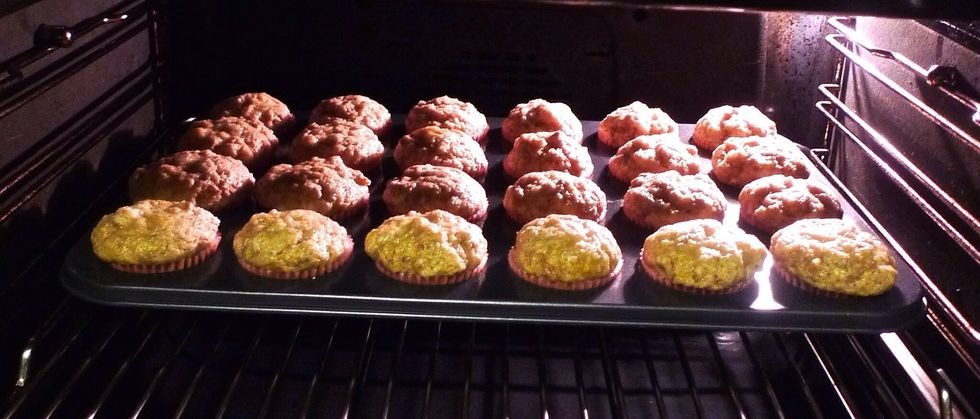 Bake the muffins in the preheated oven for 18 to 30 minutes or until a toothpick inserted in the centre of the oven comes out clean.