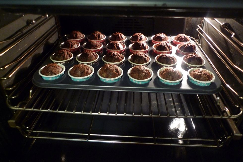 Bake the muffins in the preheated oven for 20 to 25 minutes or until a toothpick inserted in the centre comes out clean.