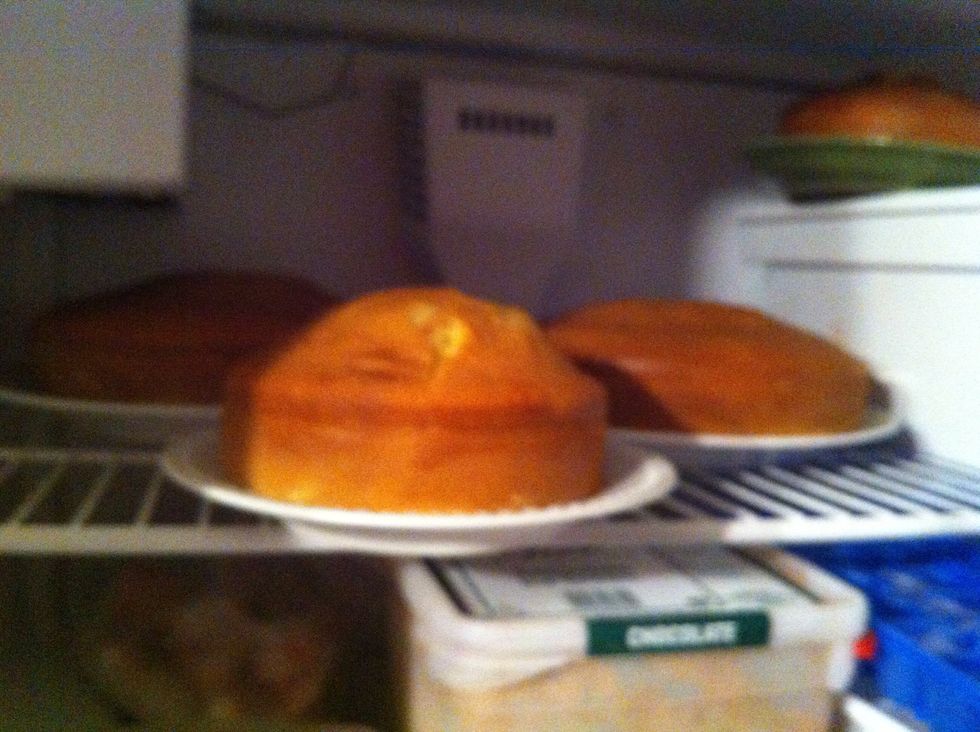 Bake two 9 inch cakes & two 6 inch cakes. Refrigerate for 45 minutes to ensure the cakes are completely cooled.