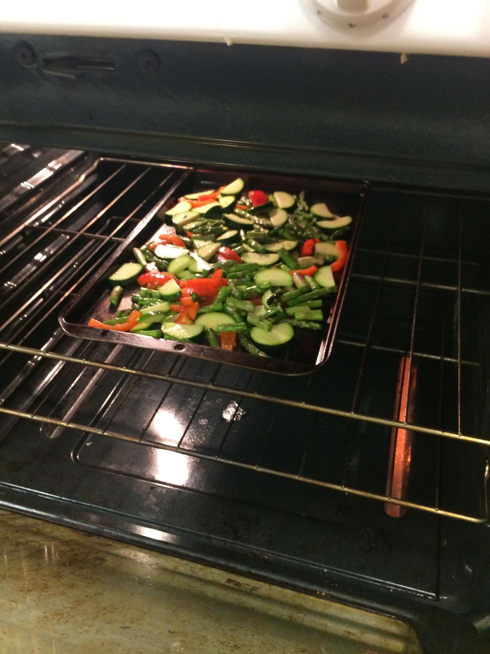Bake vegetebles on a pan at 425 degrees for 6-8 minutes, until tender