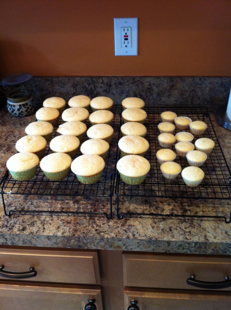 Bake your cupcakes using your favorite recipe. I use the vanilla cupcake recipe on www.wilton.com. Adjust the recipe to accommodate different flavors by subbing vanilla for other extracts