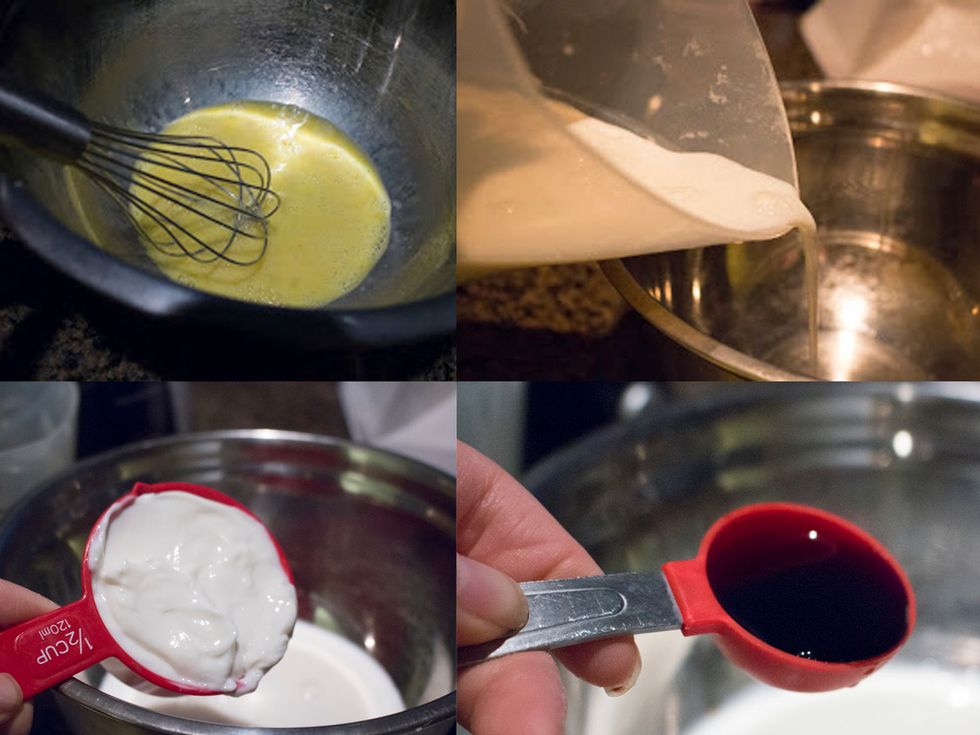 BAKING THE CAKE CONT'D: In a large bowl designated for wet ingredients, mix in 2 eggs, 1 cup milk, 1/2 cup yogurt and 1 tbsp Vanilla. Set aside.