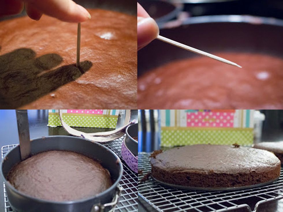 BAKING THE CAKE CONT'D: Insert toothpick between 20-30 minutes and see if it comes out clean. This indicates cake is ready. Allow to completely dry before you start icing/adding filling.