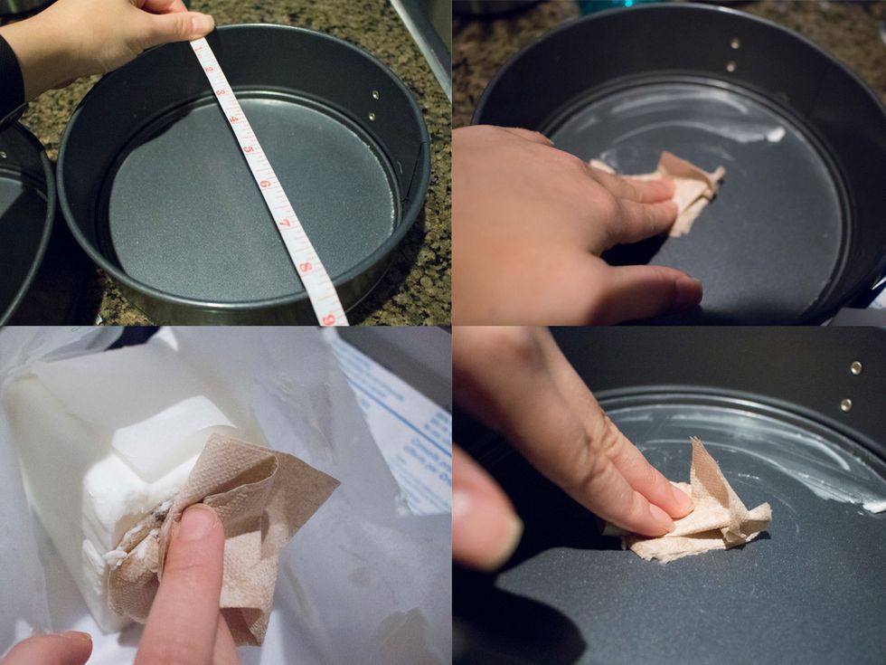 BAKING THE CAKE: Grease 9 inch cake pans with butter or vegetable shortening.