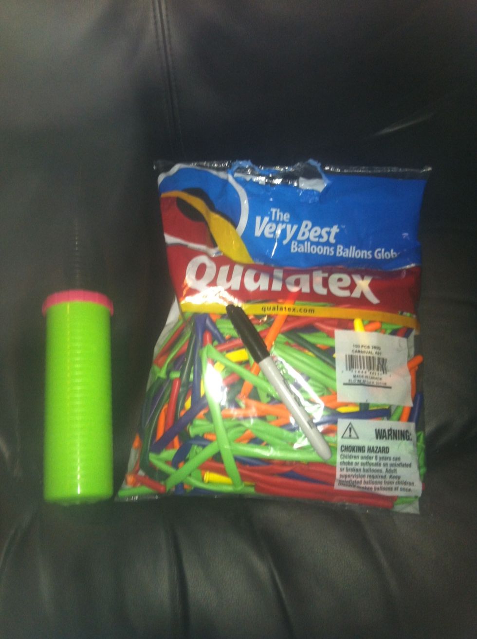 Balloon pump, qualatex balloons, and sharpie