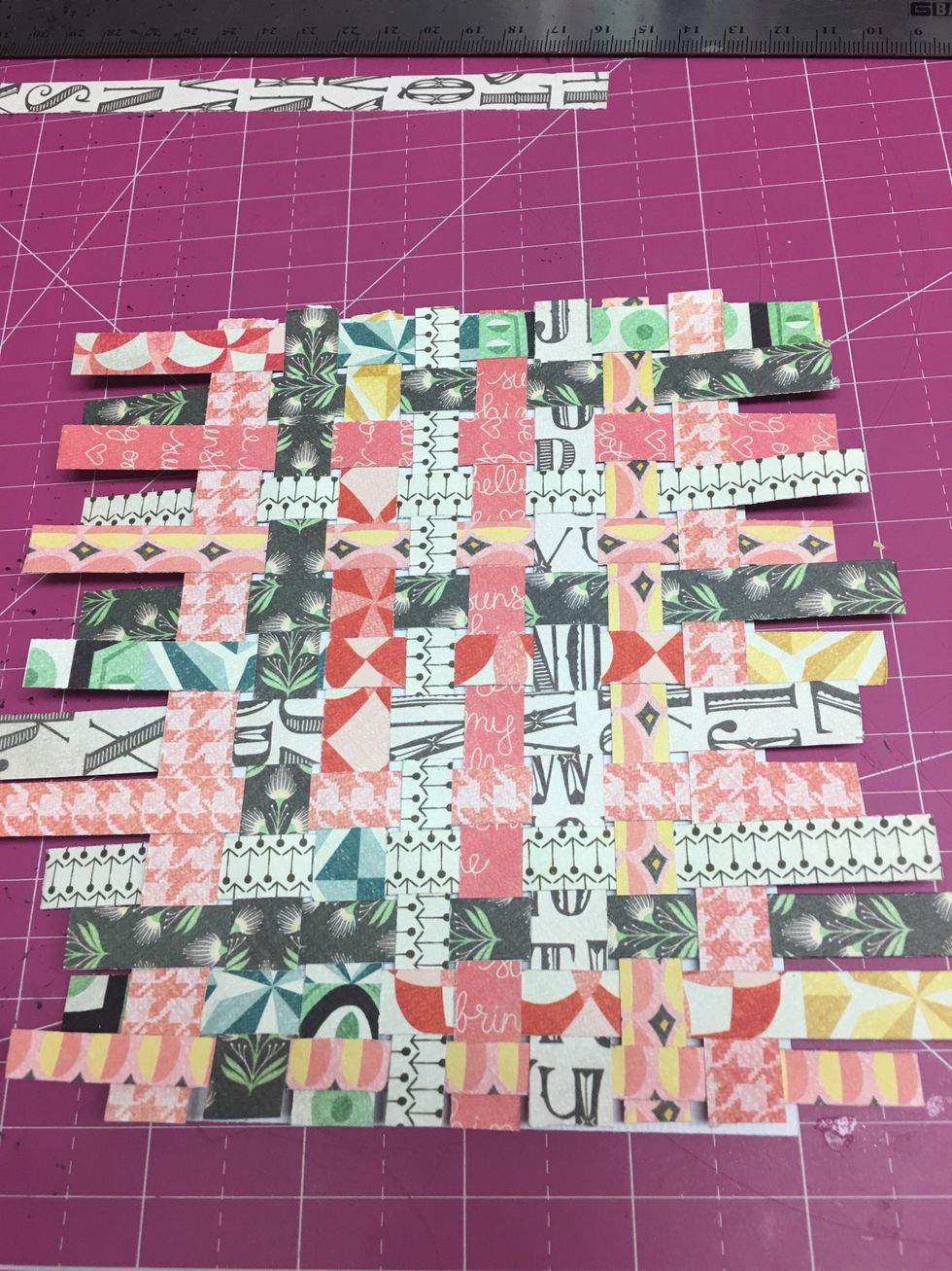 Based on spacing, I had 8 vertical strips and 13 horizontal strips. This will vary based on how tight you space and weave the paper. The goal is to cover the whole face of the card. Your card may vary