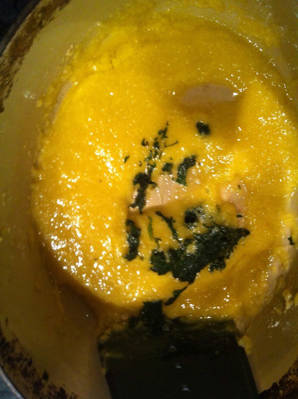 Bash hand full of fresh basil and add to the pot