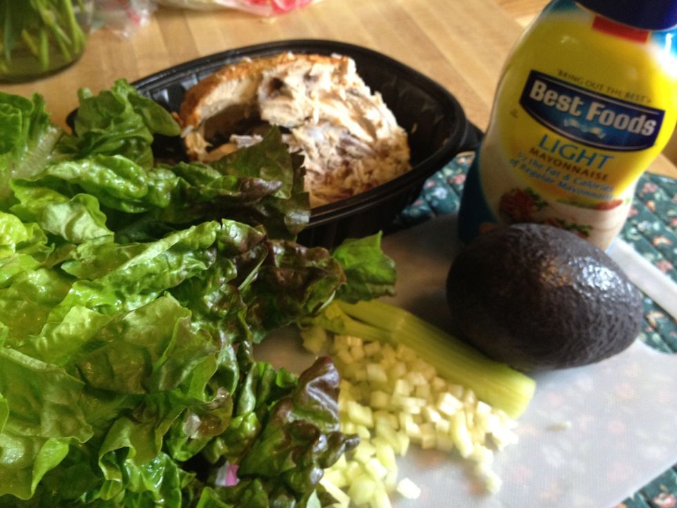 Basic Ingredients; Avocado, Cooked Chicken, Celery, Mayo, Lettuce, Red Wine Vinegar