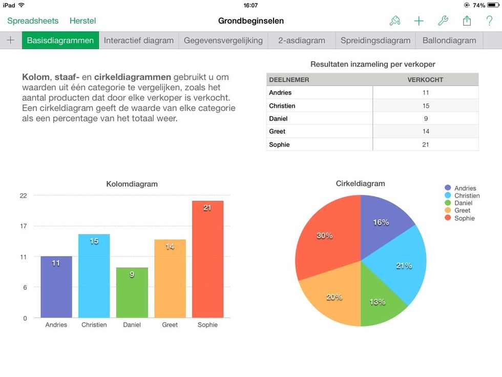 basisdiagrammen om enkelvoudige waarden uit \u00e9\u00e9n categorie te visualiseren. b.v. 1: voedingspatroon van een gezin naar procentuele verhouding. b.v. 2: uitgavenpatronen van personen of groepen