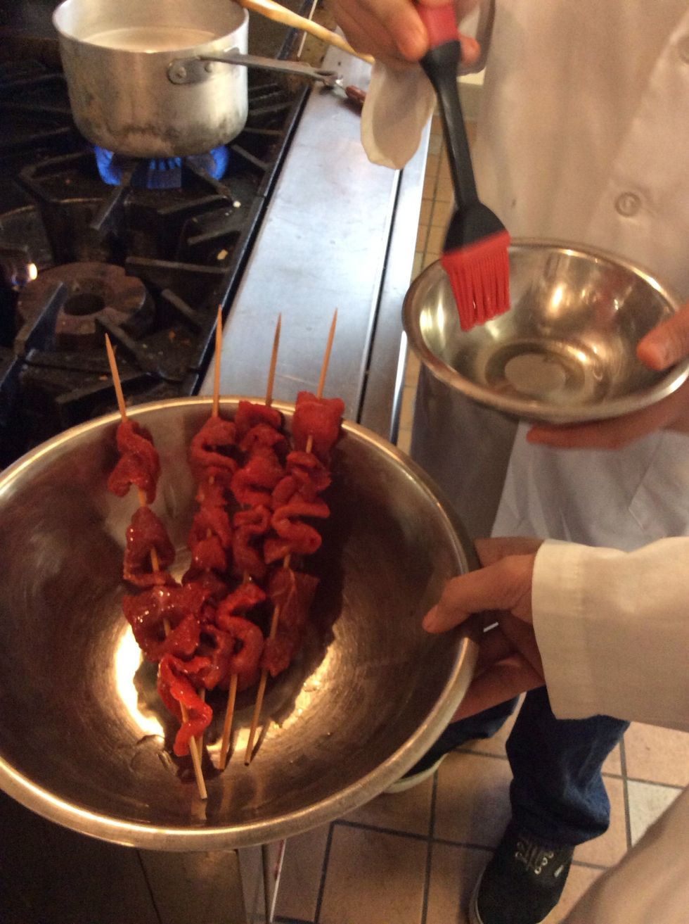 Baste meat with olive oil BEFORE GRILLING