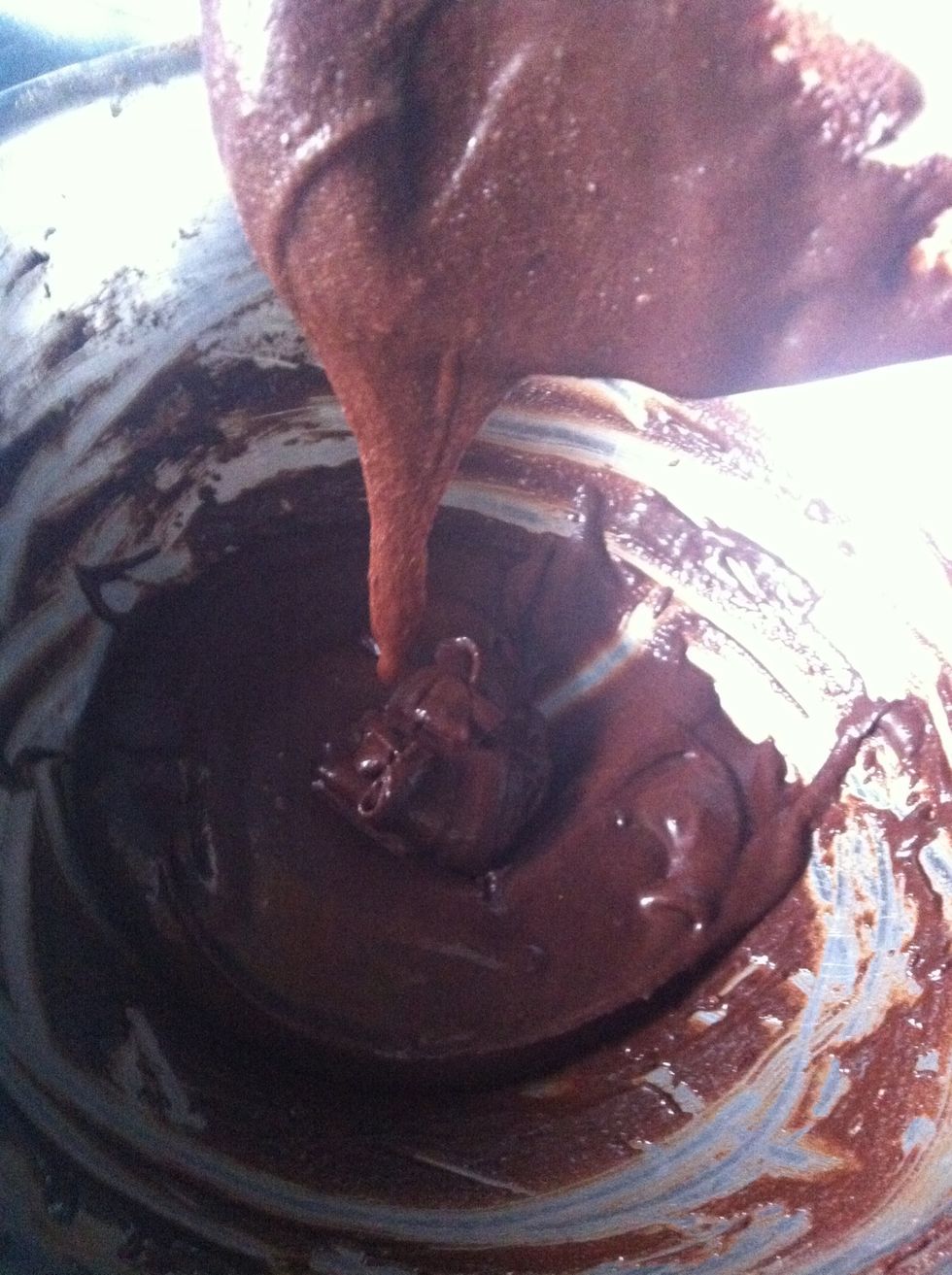 Batter should be thick...but would flow like magma...if too thick add some water..a tsp at a time...
