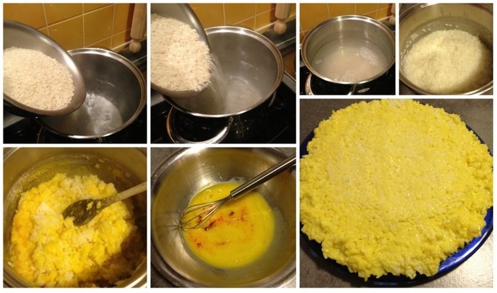 Battez 3 oeufs, ajoutez le safran, le fromage r\u00e2p\u00e9 et m\u00e9langez bien Ajoutez les restes de riz et m\u00e9langez
