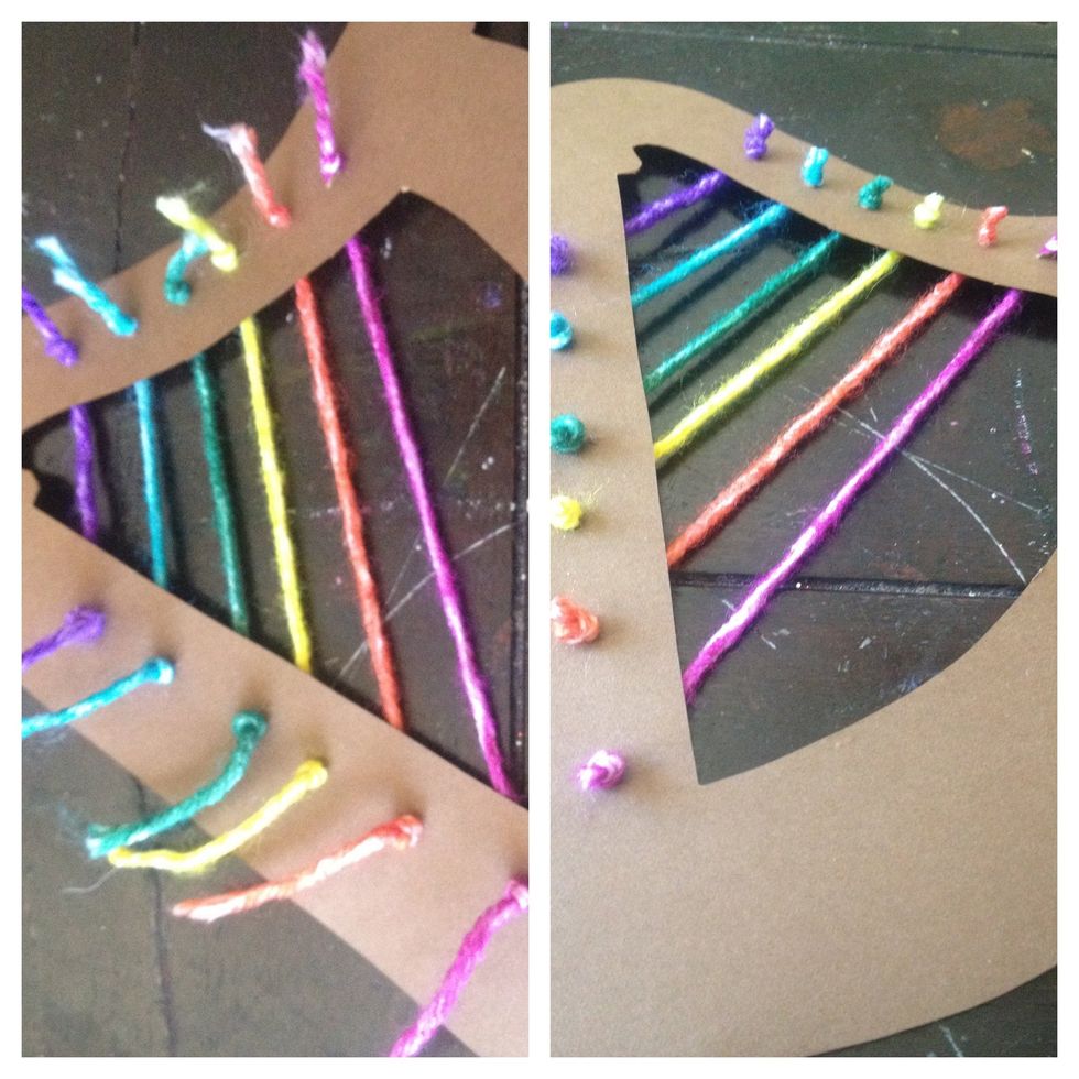 be careful when pulling strings tight so that the card doesn't bulge, you do want them taught tho. make sure the knots are tight before trimming.