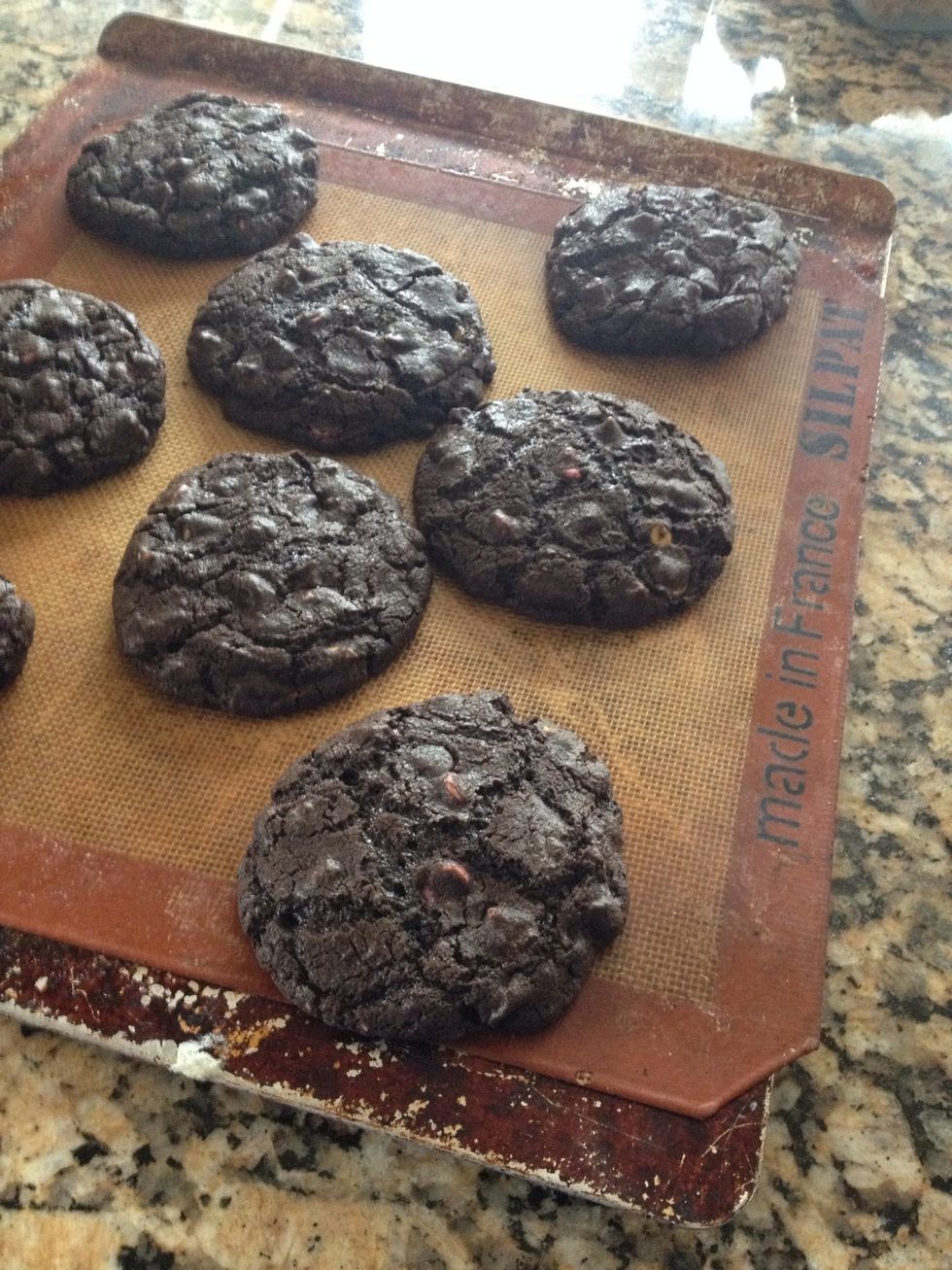 Be sure to keep an eye on these you don't want to over bake! They're so dark it's hard to tell when they are done. I start checking at about 12 min and by 15 it's usually too done