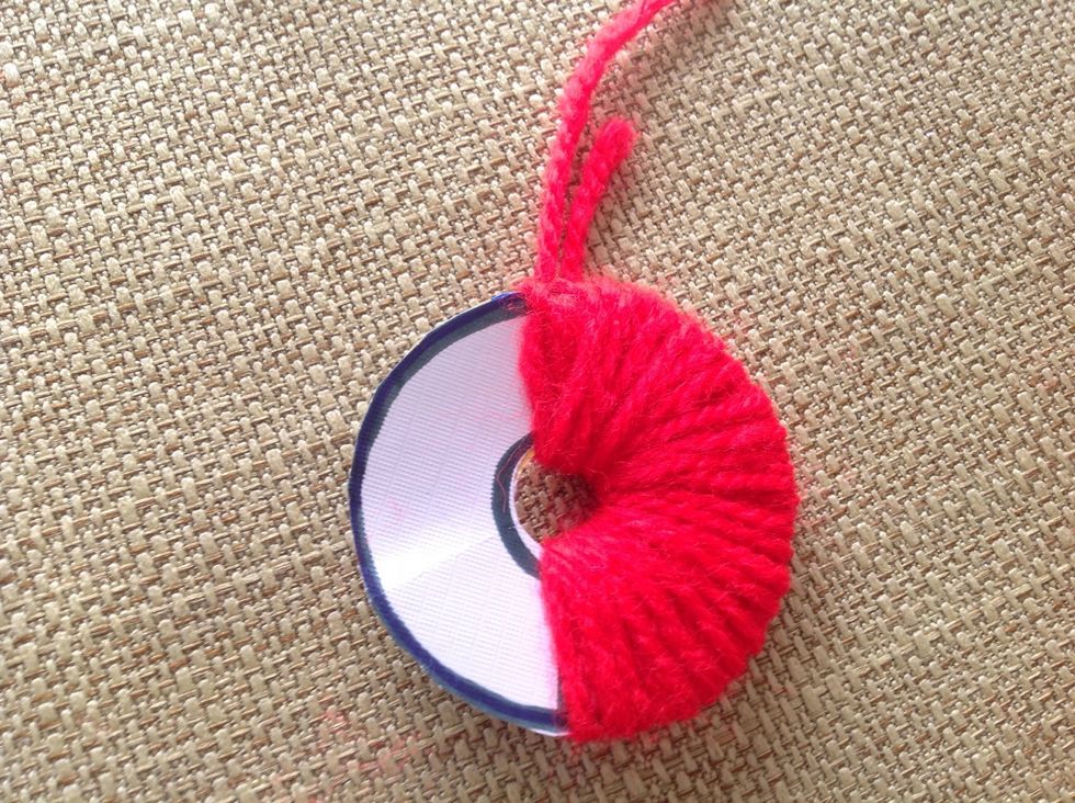 Be sure to stop at the line you made earlier, Do Not pass it. Overlap the strings if you still have more, but do not get on the other side of the hoop.