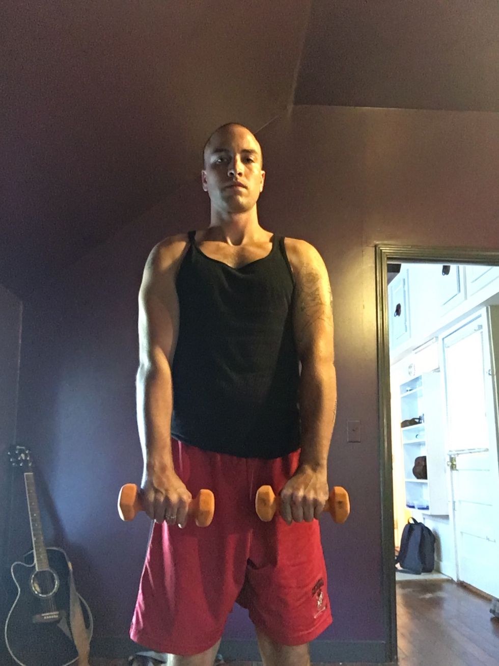 Be sure to use a small weight. Here I am with 5 pounds, but feel free to do no resistance or hold something light, such as a bottle of water. Listen to your body and avoid re injury