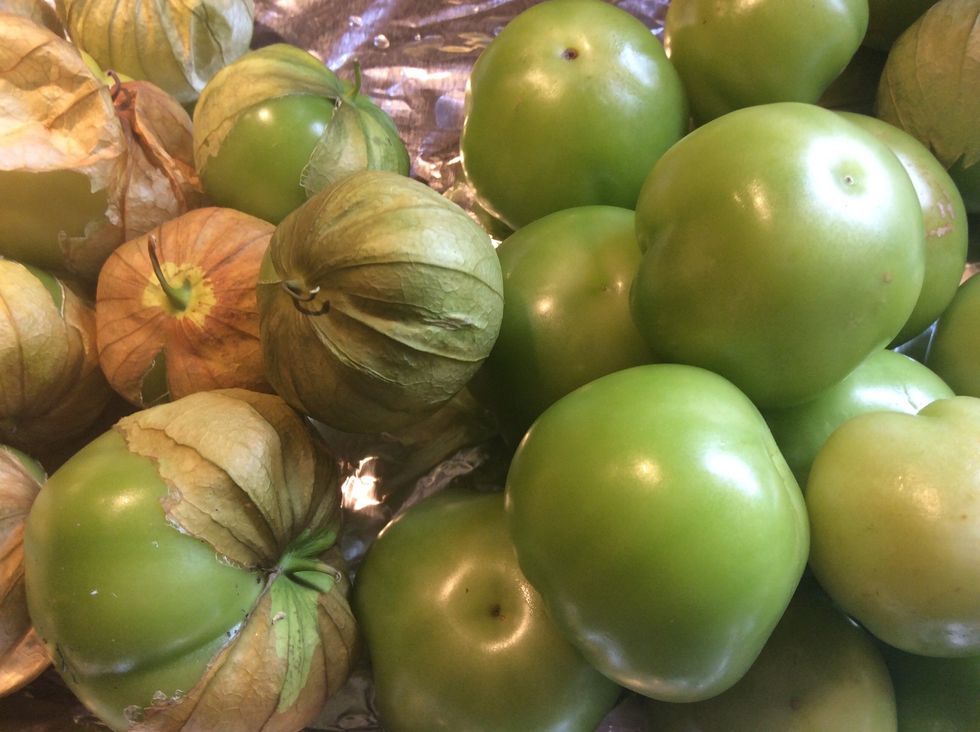 Be sure tomatillos are husked and rinsed. To the left are those before their bath and to the right, after their bath.