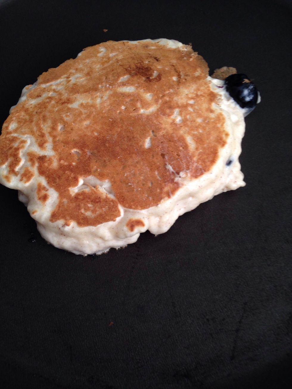 Be sure your pancakes are cooked through the middle before plating. Each pancake should take about 4 minutes, give or take, so do a few at a time in your roomy pan.