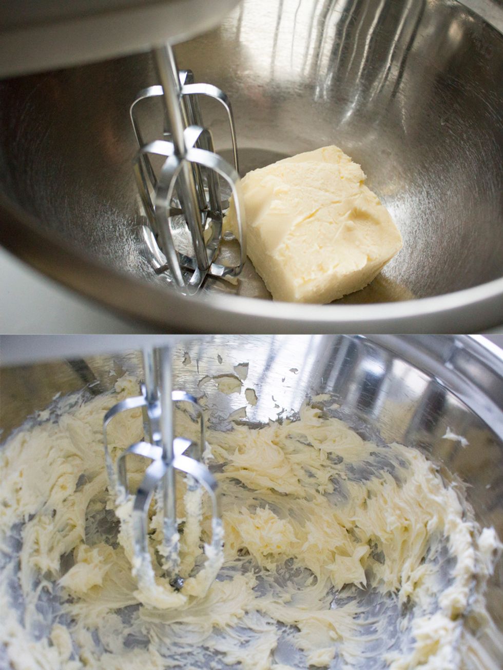 Beat 1.5 cups of unsalted, room temperature butter until pale and fluffy.