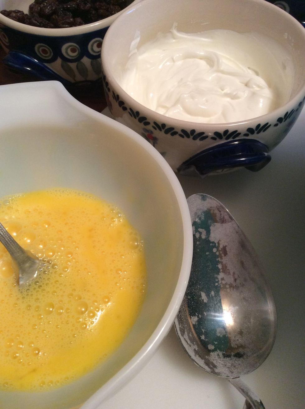 Beat 2 eggs and set aside.