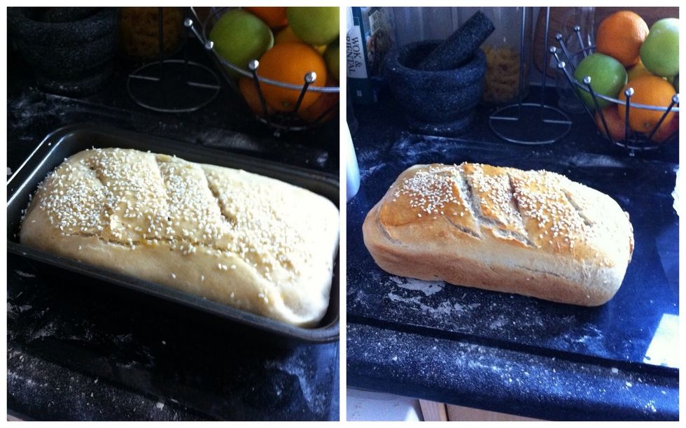 Beat an egg and brush it on top of your loaf, then add sesame seeds or poppy seeds, maybe add black pepper instead? Get creative! Then bake for 25-35 mins till golden brown.