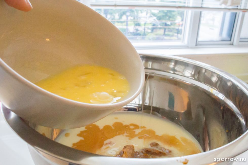 Beat and whisk two large eggs, then add to pumpkin mixture.