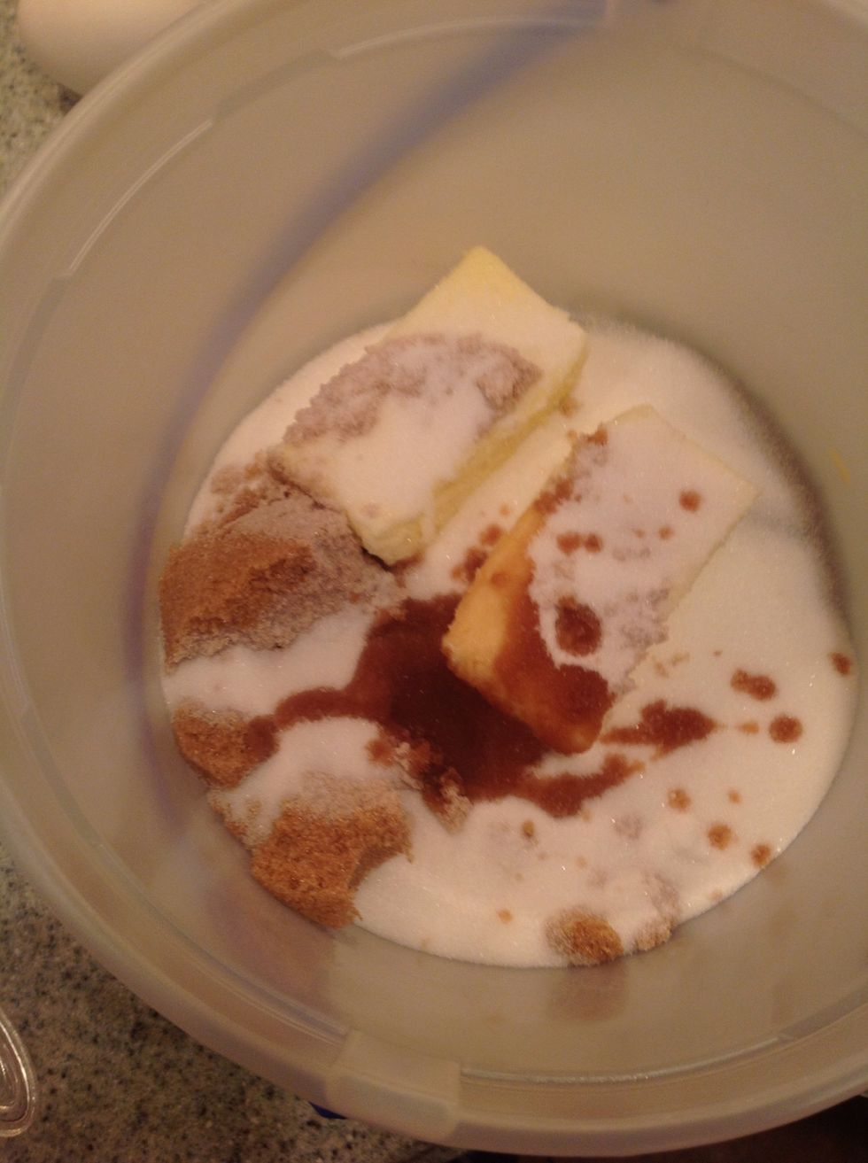 Beat butter, granulated sugar, brown sugar, and vanilla extract in a large mixer bowl until creamy.