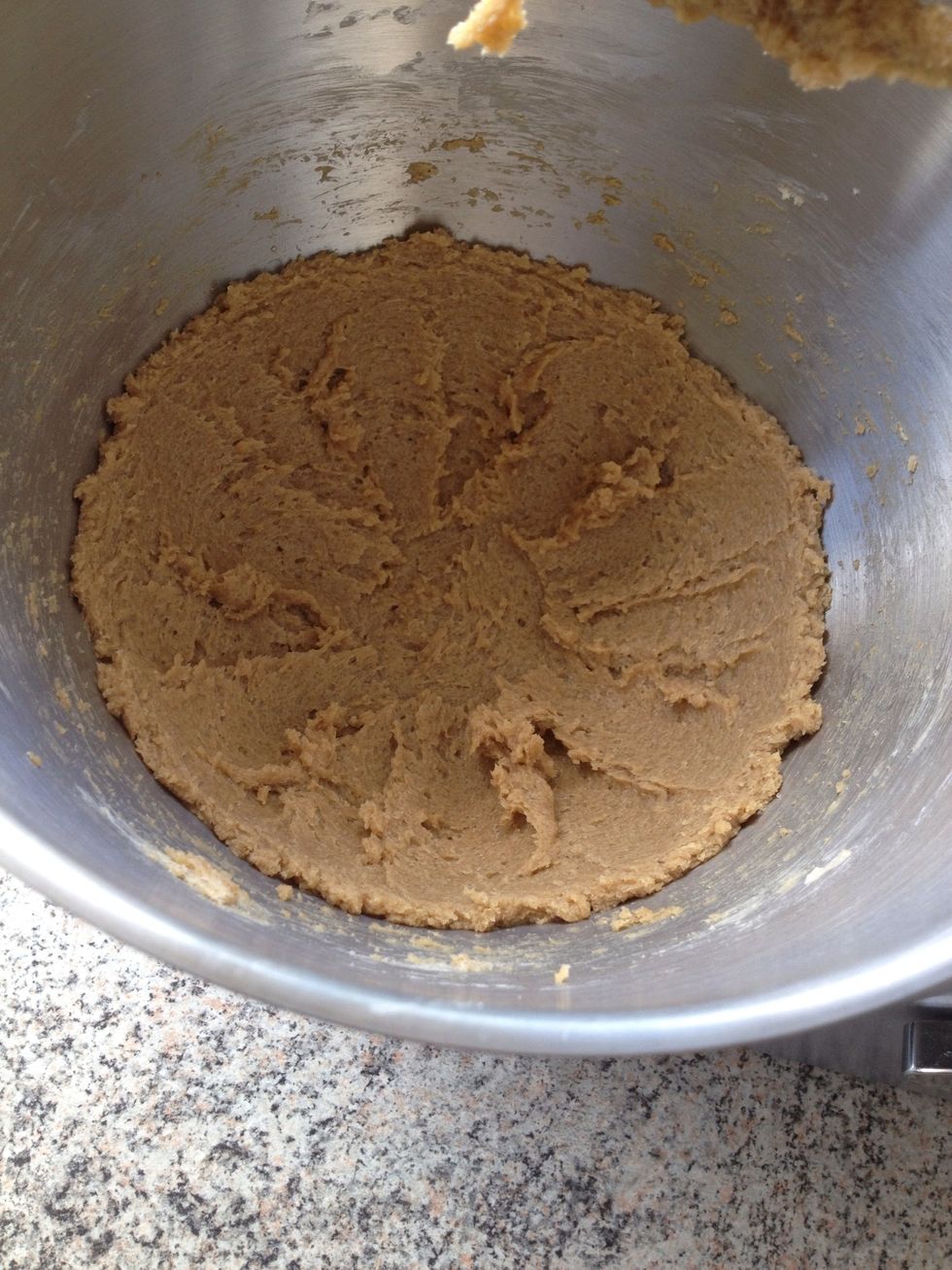 Beat butter, vanilla, cane sugar and brown sugar together