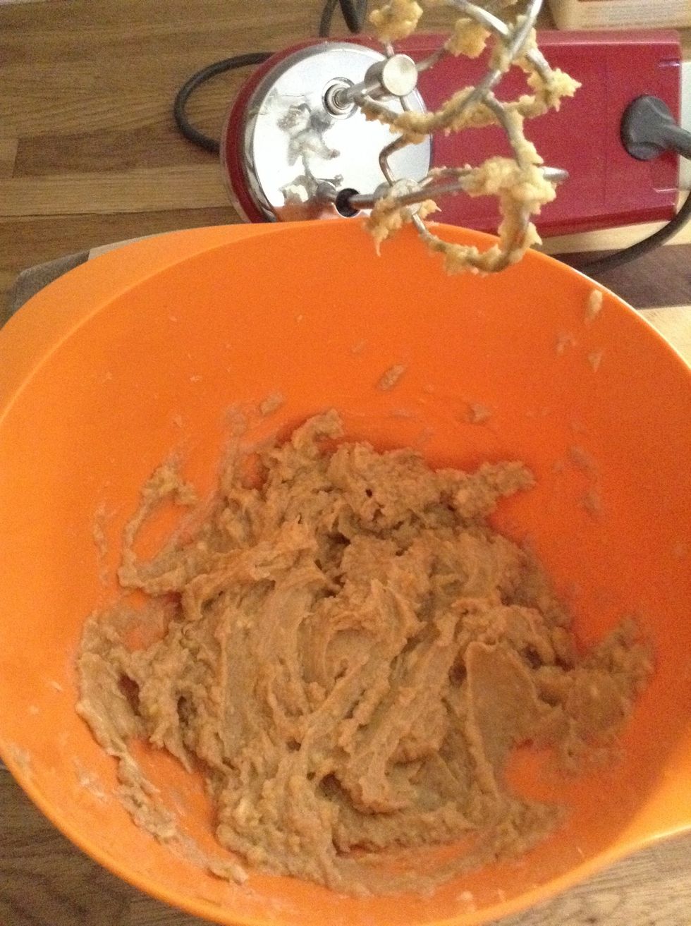 Beat butter, vanilla essence, caster sugar and brown sugar together until smooth, add the egg beat until all combined