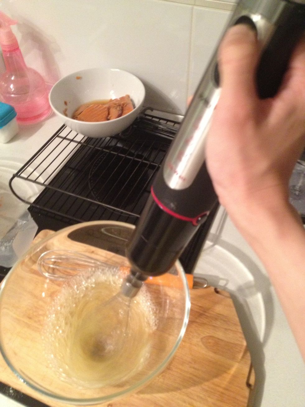 Beat egg whites. Tip\ud83d\udca1It's important that the white is in room temp and everything that touch the white is fat free. No yolk no grease no oil nothing fatty or it won't work.