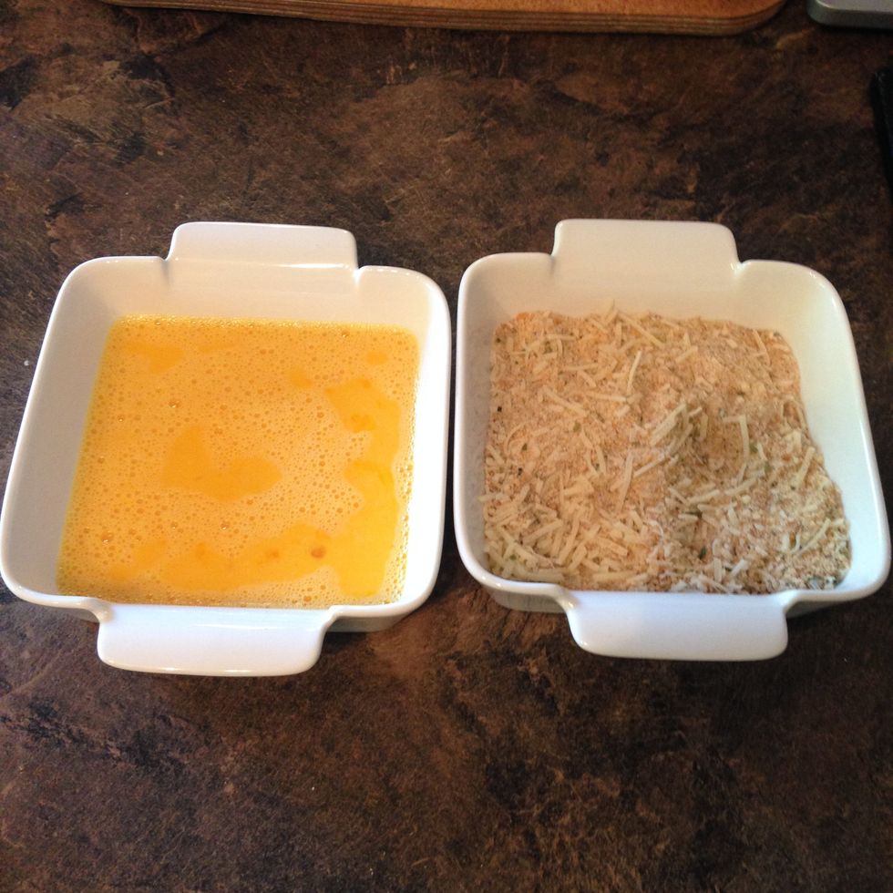 Beat eggs in a dish. Mix breadcrumbs and parmesan cheese in another.