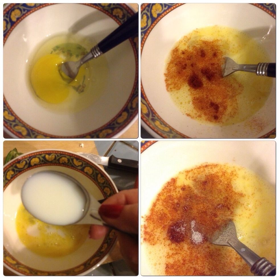 Beat eggs in another bowl. Add milk and paprika. Beat well.