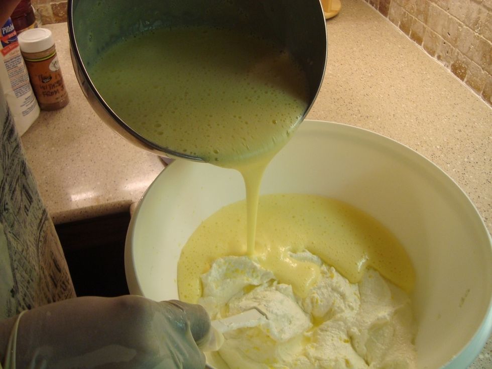 Beat eggs in mixer and then add to butter and sugar. Add in vanilla, lemon zest, and lemon juice. Mix and incorporate well.