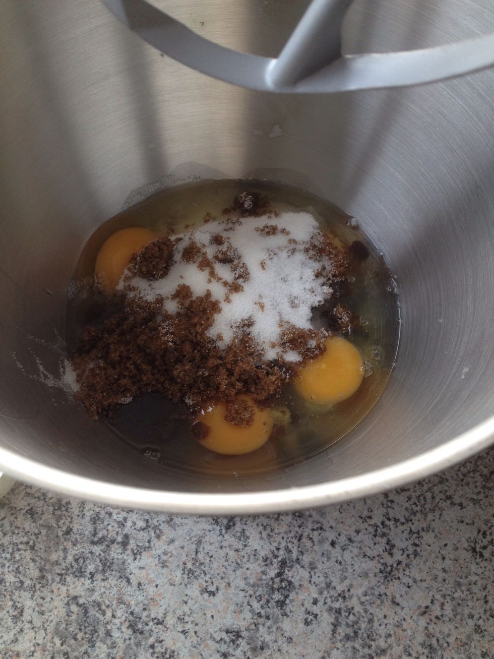 Beat eggs, sugar and brown sugar well together