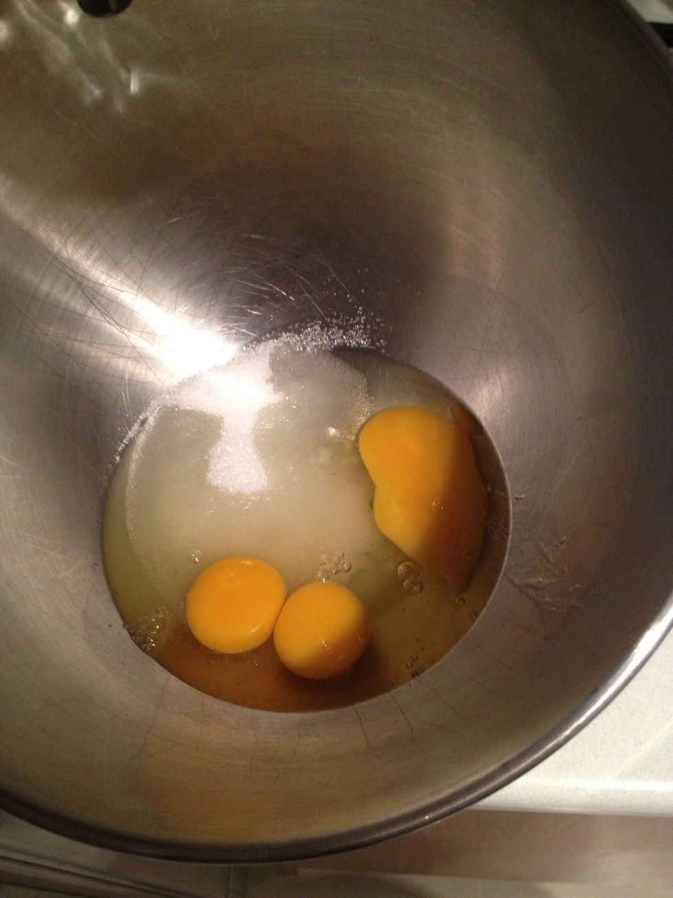 Beat eggs sugar and salt together to the almost ribbon stage. (Around 6-7 mins on high speed)
