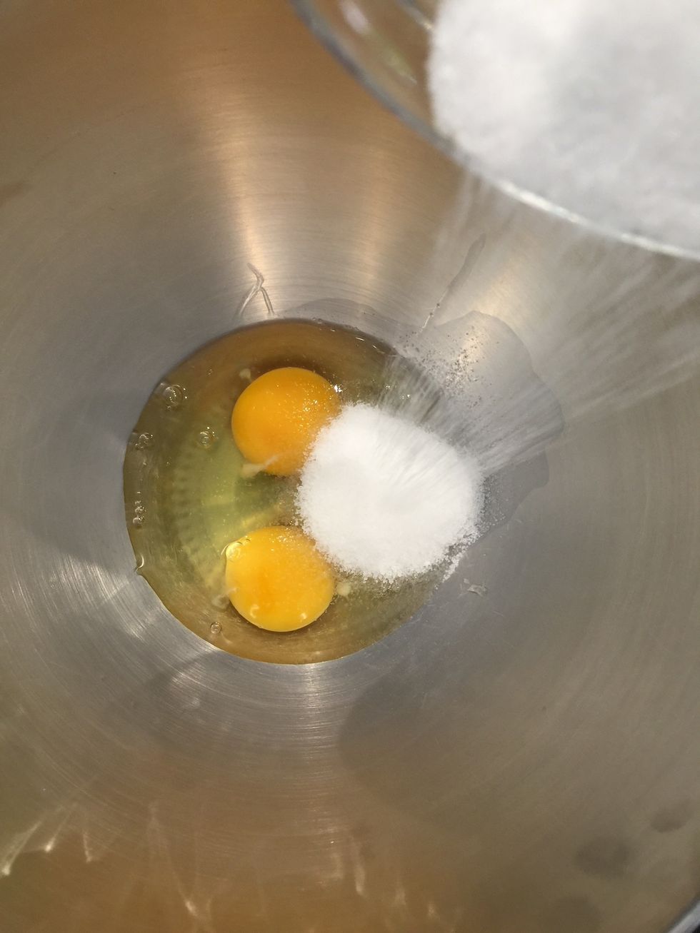 Beat eggs+sugar until doubled in size