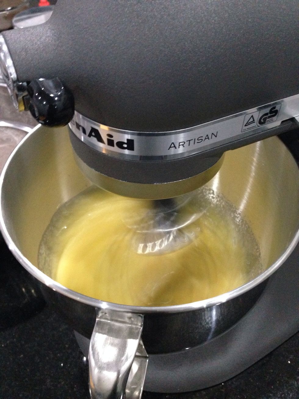 Beat for 5 minutes until the colour turn into pale yellow