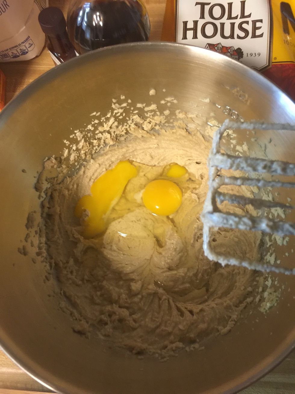 Beat in both eggs and then both of your extracts