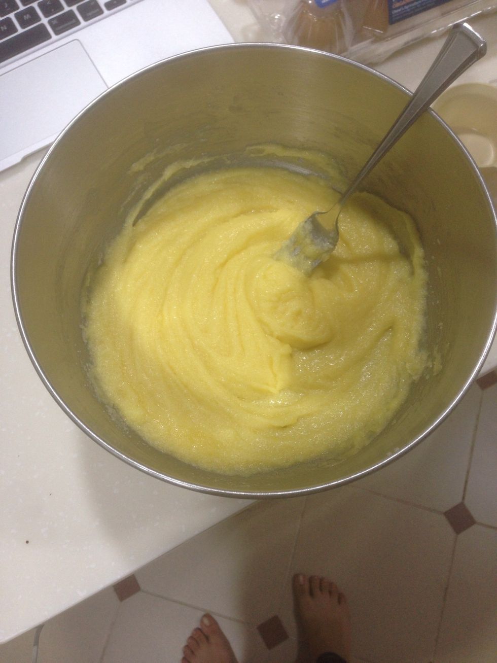 Beat in egg and vanilla