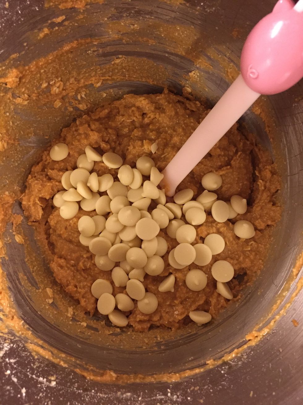 Beat in oat flour and oats, add white chocolate chips (optional). Scoop onto parchment lined sheet and bake for 10-13 minutes at 350 degrees Fahrenheit.