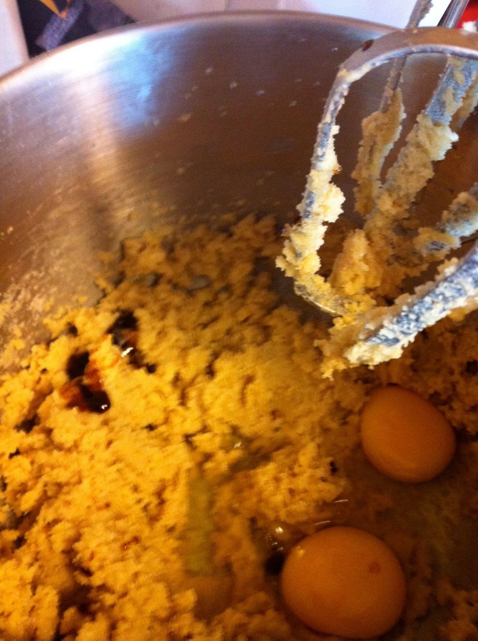Beat in the eggs and vanilla
