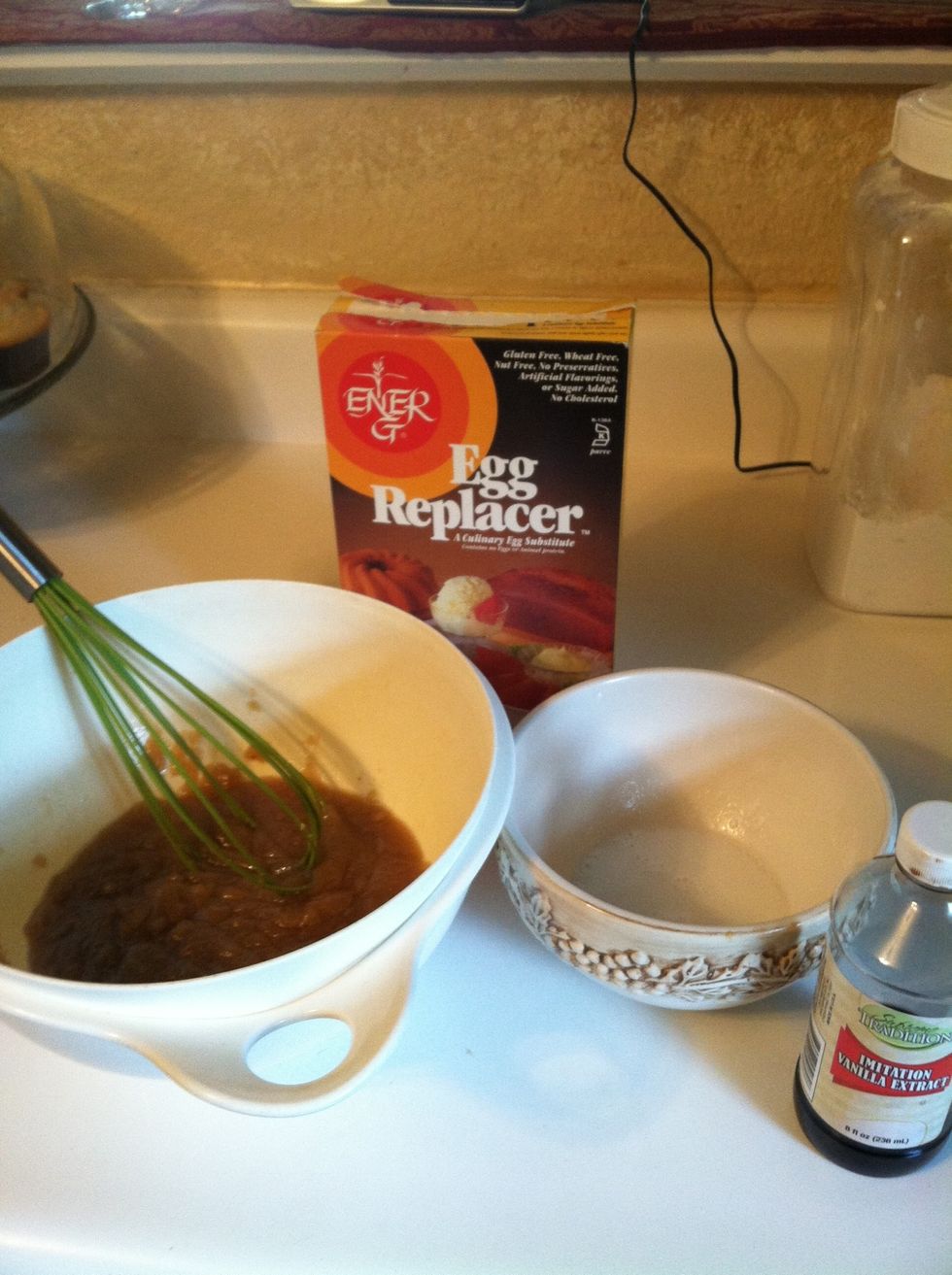 Beat in vanilla and egg. For ener-g, use 1/2 t of the powder and 2 T water. Whisk well and then add to the mixture.