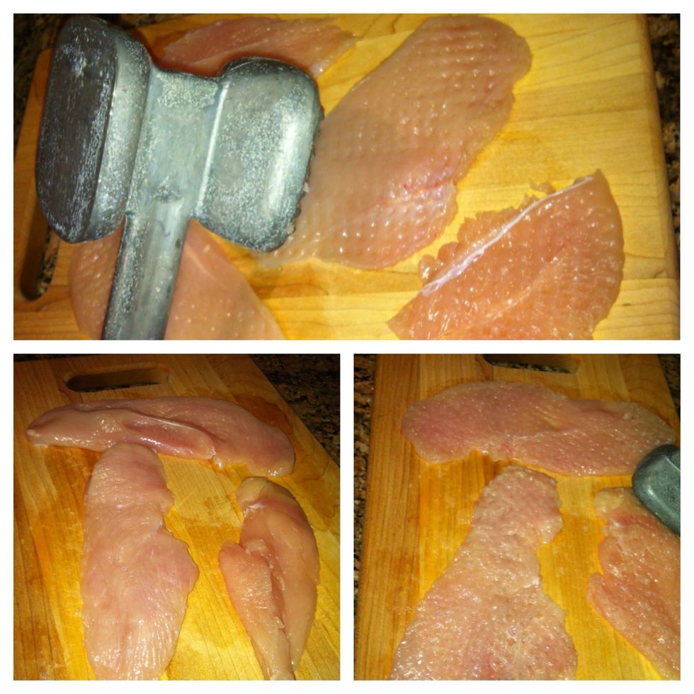 Beat it time... Take out that kitchen hammer and flatten out those slices. I filet my breasts ( that sounded wrong...) into 4 slices so I usually skip this step.