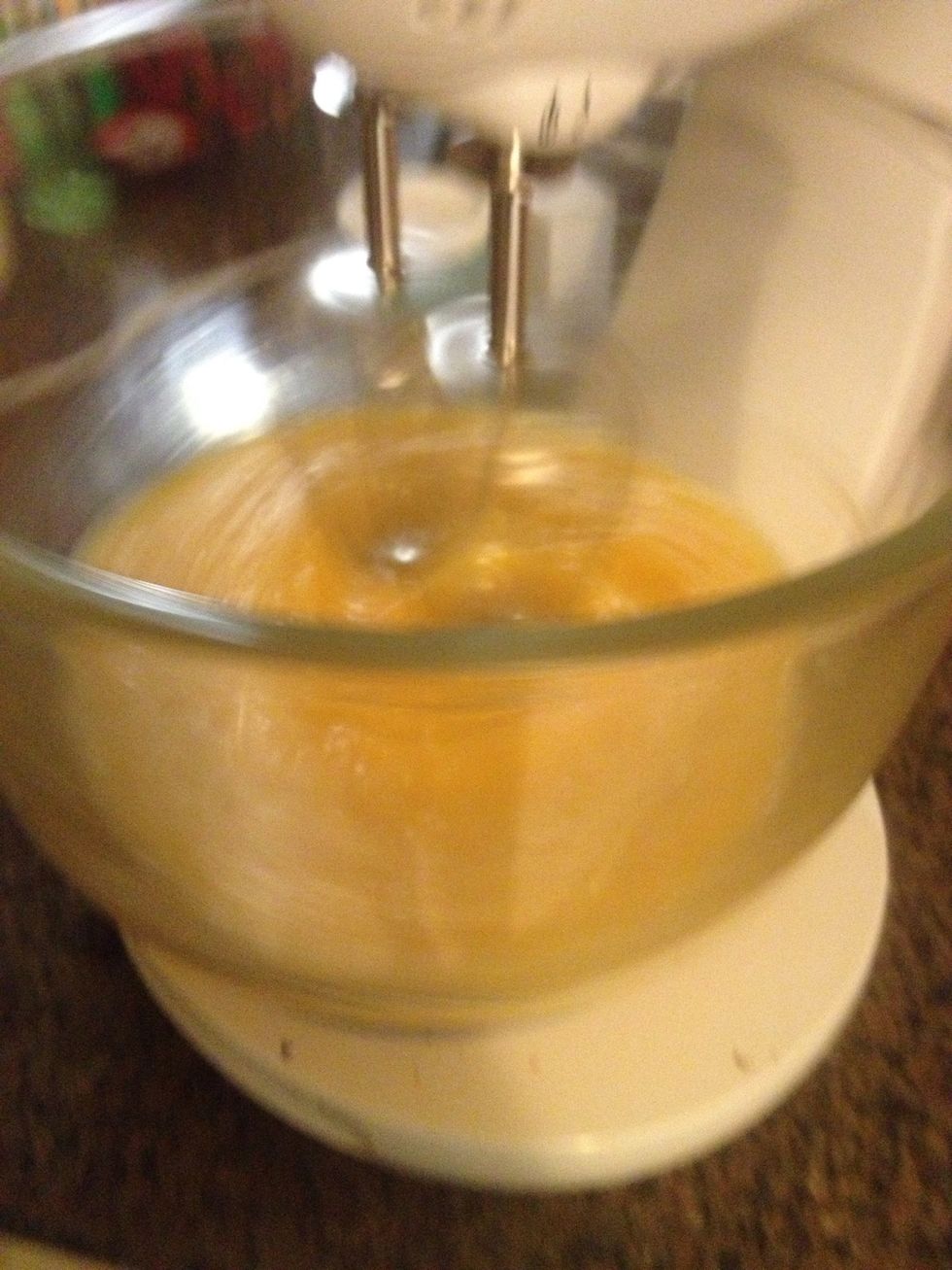 Beat it with mixer and pour the caster sugar until it mixed well and the mixture become a little bit lumpy