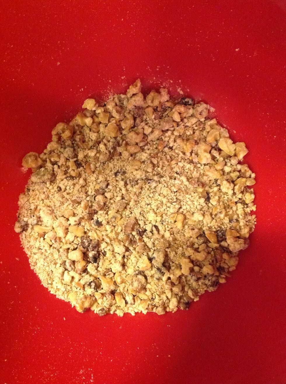 Beat on low-medium speed until it looks like coarse crumbs and set aside.
