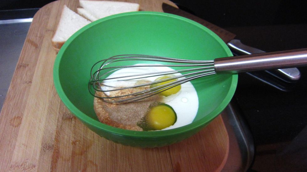 Beat the 2 eggs and 2tsp. Ceylon Cinnamon sugar in a bowl. If you don't have Ceylon Cinnamon sugar just mix 1/2 tsp Cinnamon with 1.5 tsp sugar.  Our mix is organic so it's really good.
