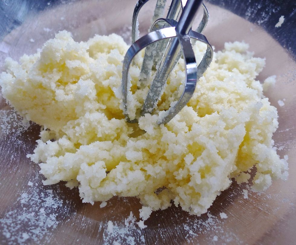 Beat the butter (room temperature) and sugar in a stand mixer on medium high speed until crumbly.