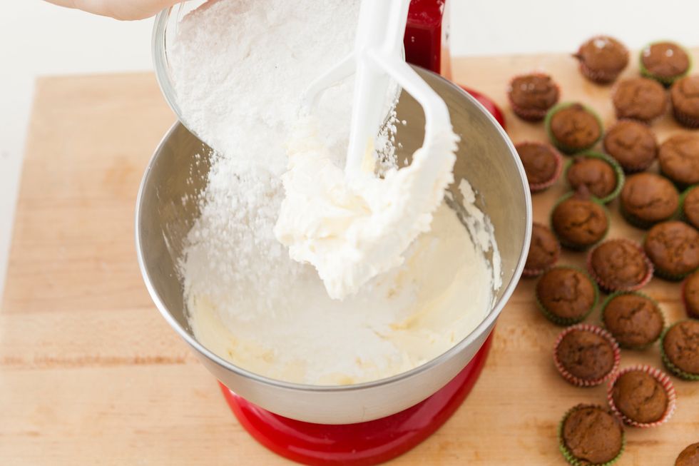 Beat the cream cheese and butter on low until combined. It took us about two minutes. Then, add the powdered sugar and mix.