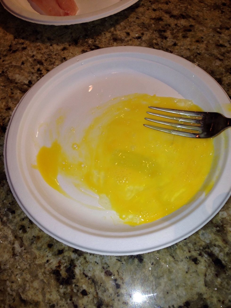 Beat the egg on a separate paper plate