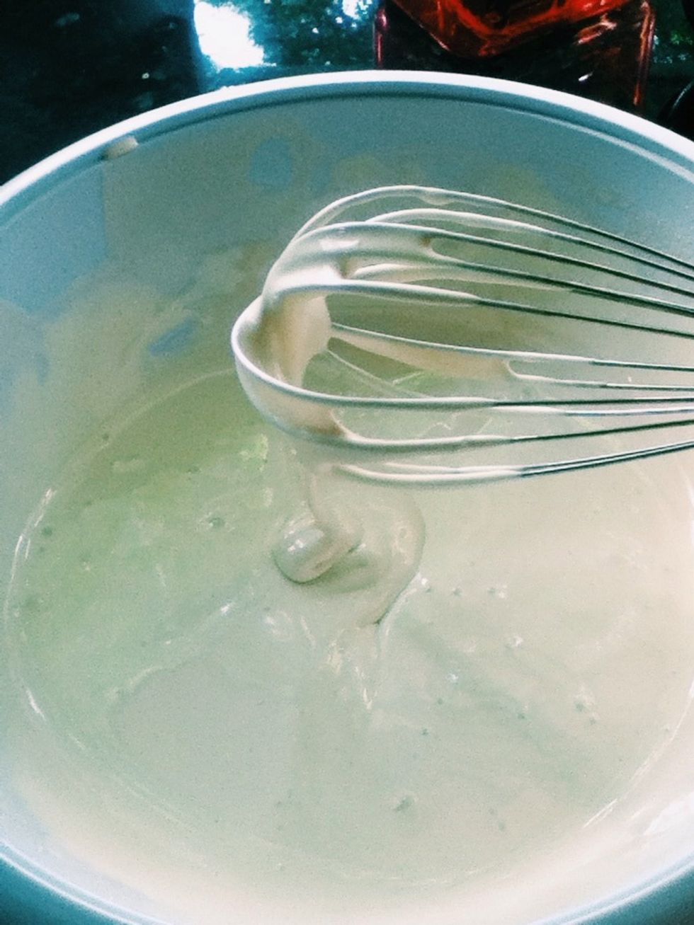 Beat the egg whites, corn syrup, and salt. You should beat it for about 5-7 mins.